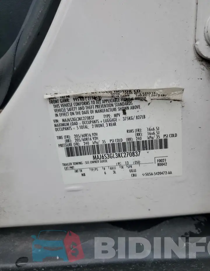 MAJ6S3GL3KC270837 Photo# 13