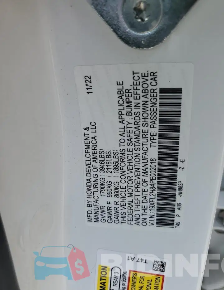 19XFL2H84PE002018 Photo# 12