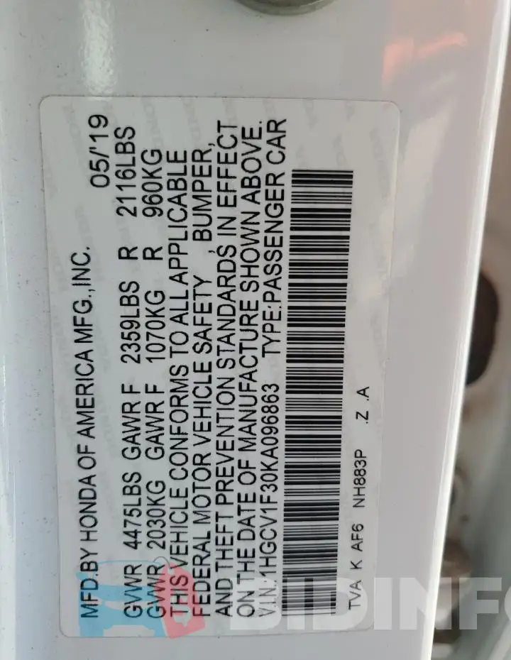 1HGCV1F30KA096863 Photo# 12
