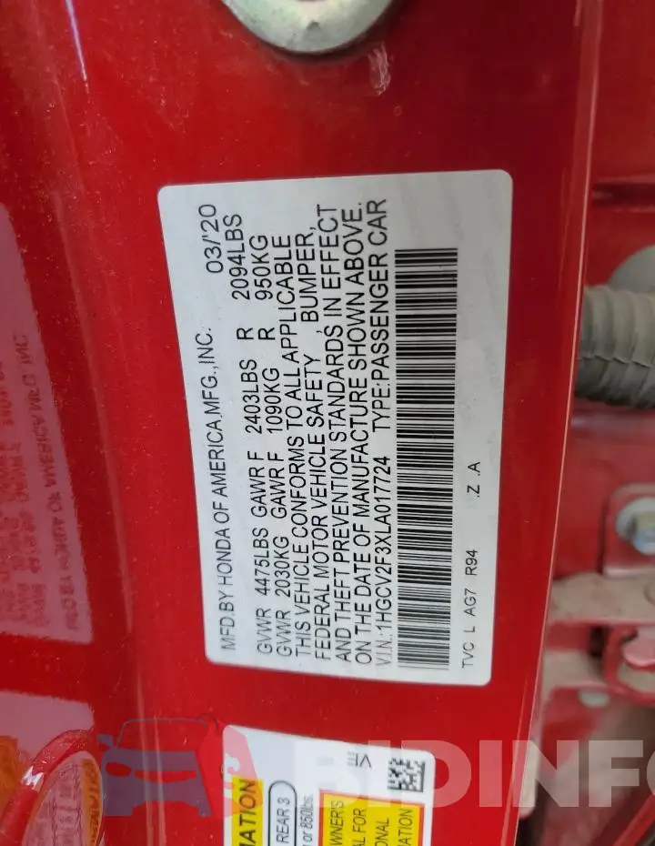 1HGCV2F3XLA017724 Photo# 13
