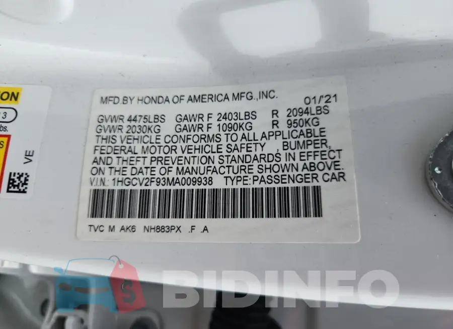 1HGCV2F93MA009938 Photo# 12