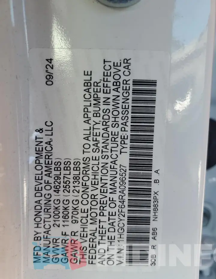 1HGCY2F64RA096527 Photo# 12