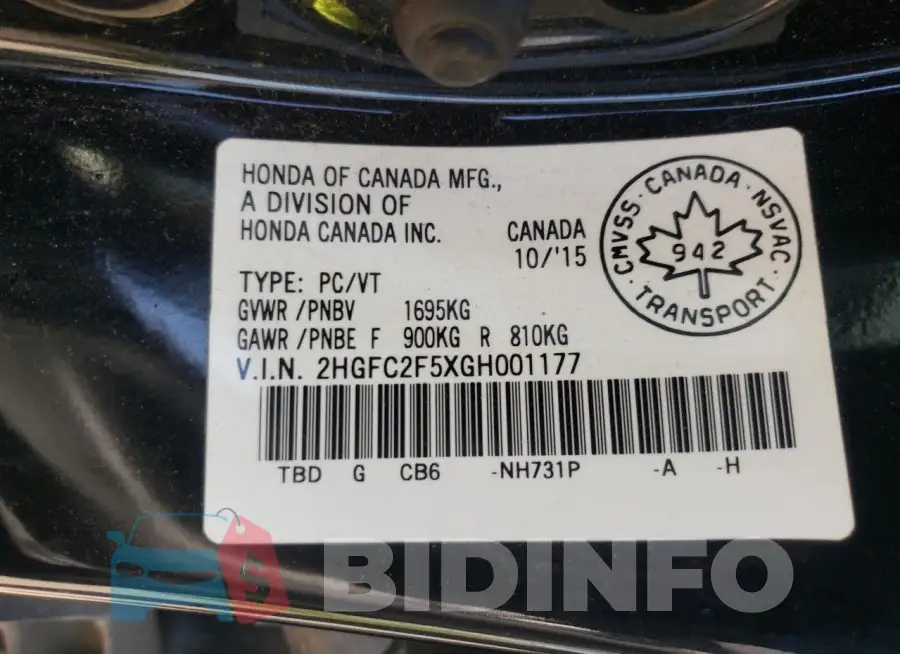 2HGFC2F5XGH001177 Photo# 13