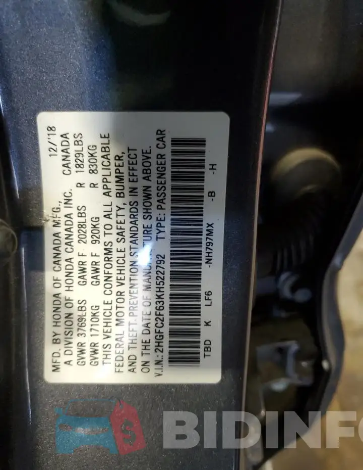 2HGFC2F63KH522792 Photo# 12