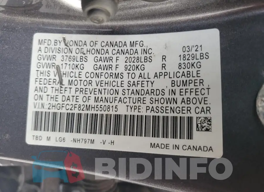 2HGFC2F82MH550815 Photo# 12