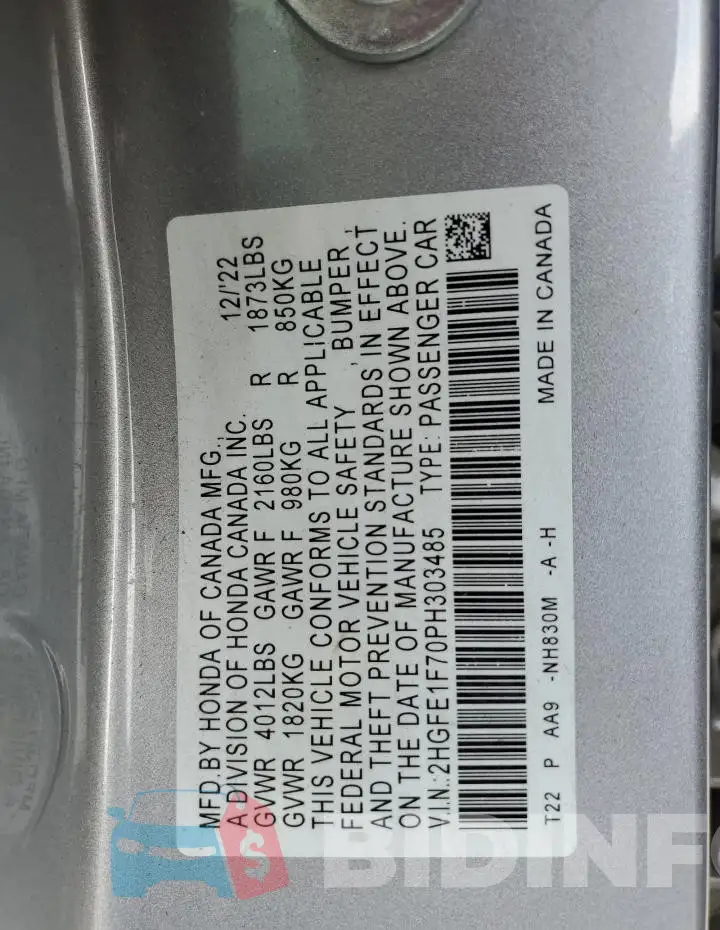 2HGFE1F70PH303485 Photo# 12