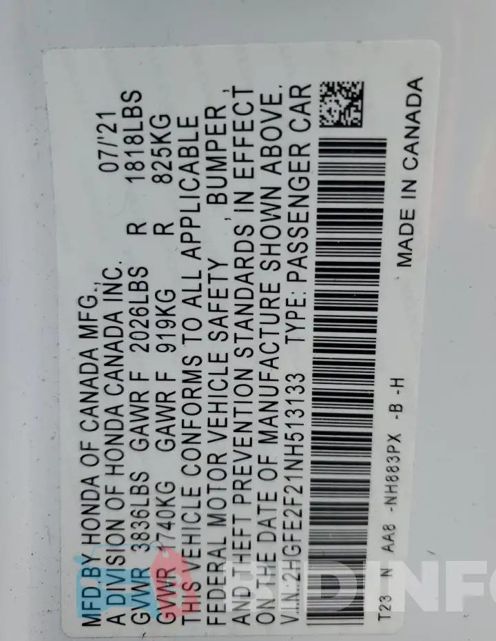 2HGFE2F21NH513133 Photo# 12