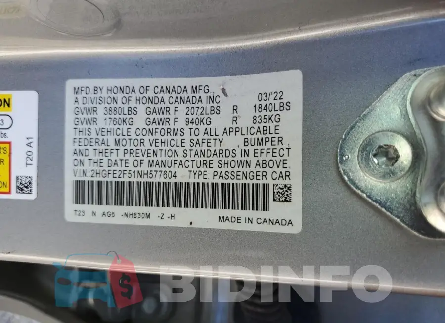 2HGFE2F51NH577604 Photo# 13