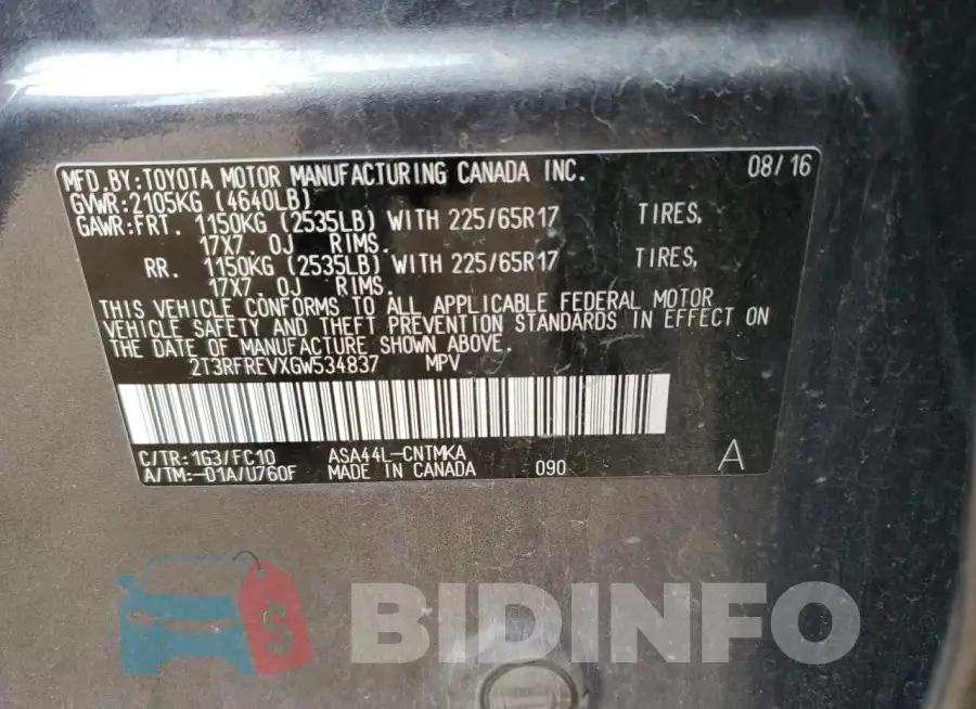 2T3RFREVXGW534837 Photo# 13