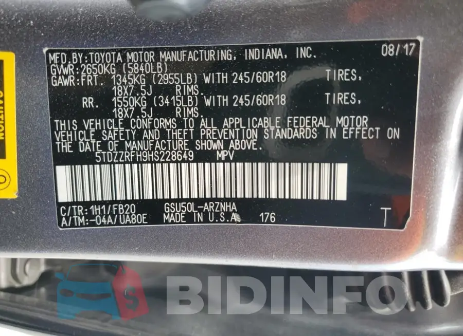 5TDZZRFH9HS228649 Photo# 14