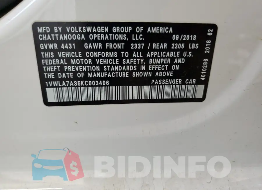 1VWLA7A35KC003406 Photo# 12
