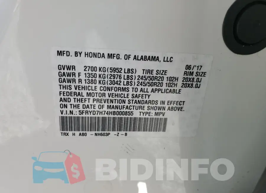 5FRYD7H74HB000855 Photo# 14