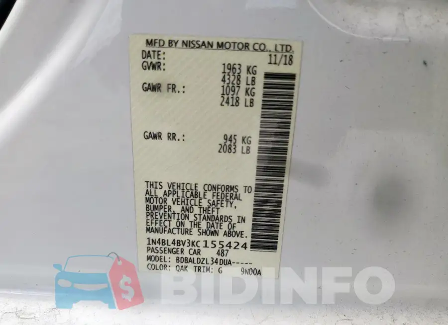 1N4BL4BV3KC155424 Photo# 12