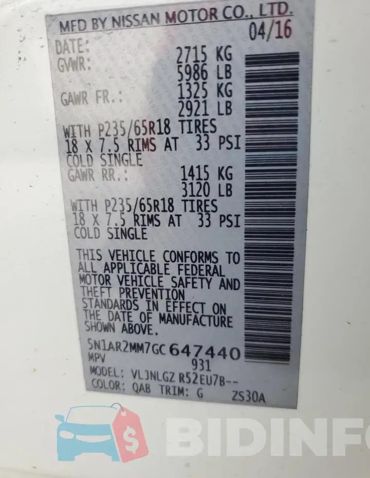 5N1AR2MM7GC647440 Photo# 13