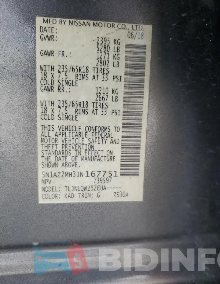 5N1AZ2MH3JN167751 Photo# 13