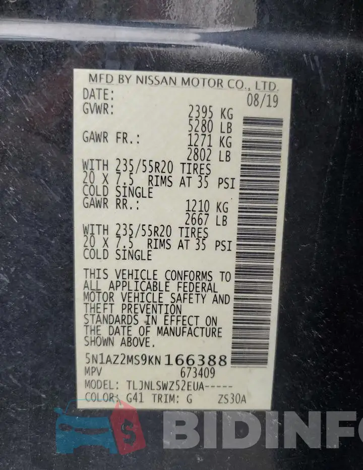 5N1AZ2MS9KN166388 Photo# 14