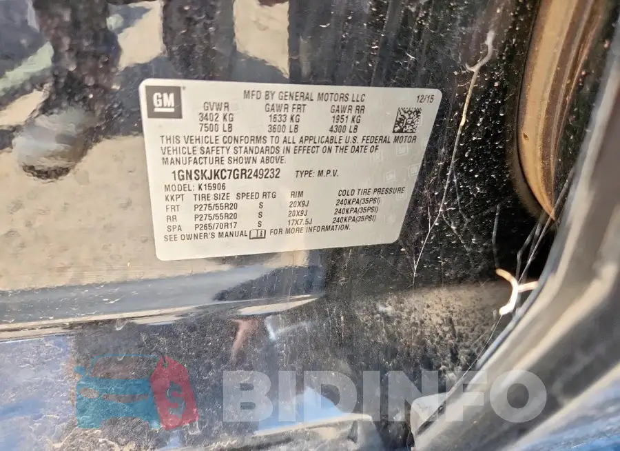1GNSKJKC7GR249232 Photo# 13