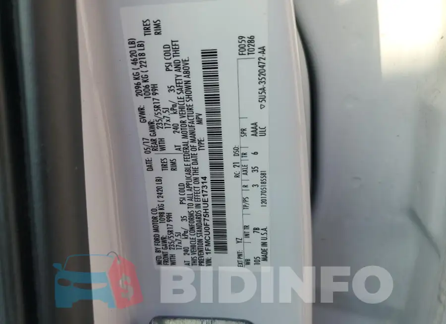 1FMCU0F75HUE17314 Photo# 12