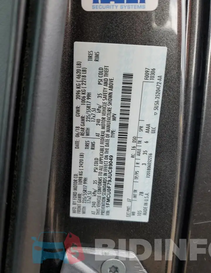 1FMCU0F79JUC89049 Photo# 13