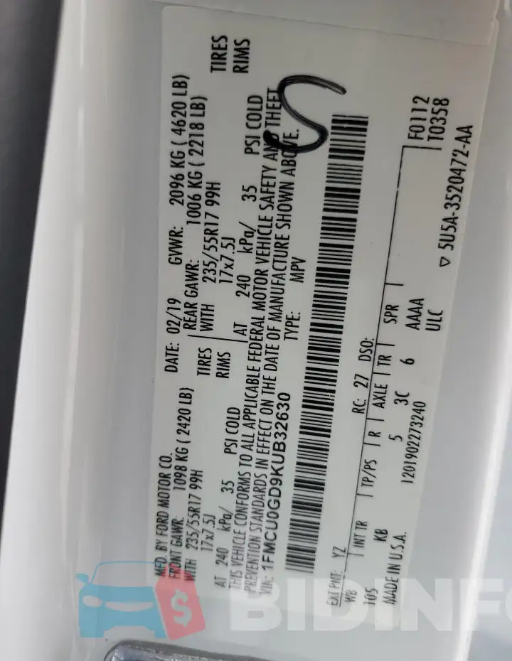 1FMCU0GD9KUB32630 Photo# 13