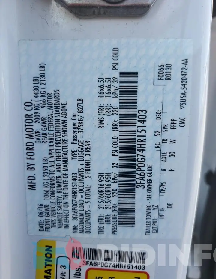 3FA6P0G74HR151403 Photo# 12