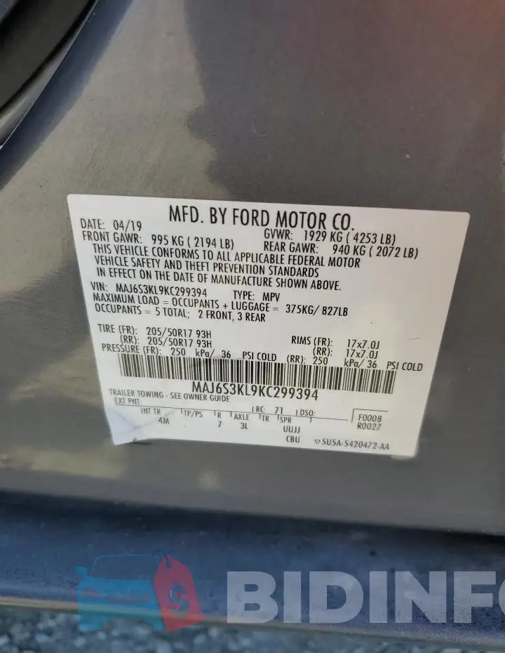 MAJ6S3KL9KC299394 Photo# 13