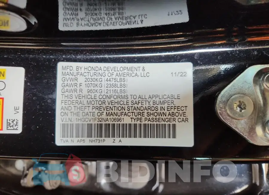 1HGCV1F32NA106961 Photo# 12