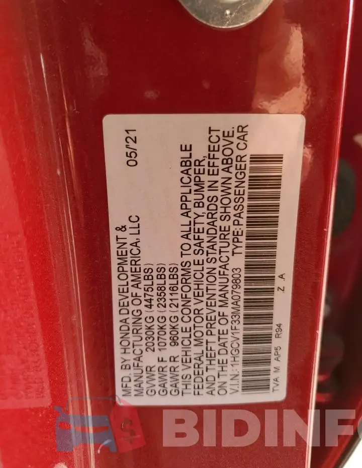 1HGCV1F33MA079803 Photo# 12