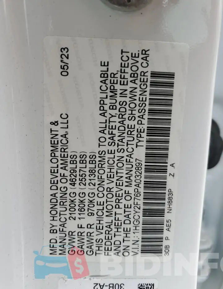 1HGCY2F76PA032897 Photo# 12