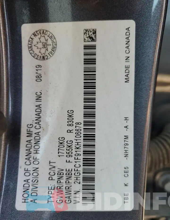 2HGFC1F91KH106678 Photo# 13