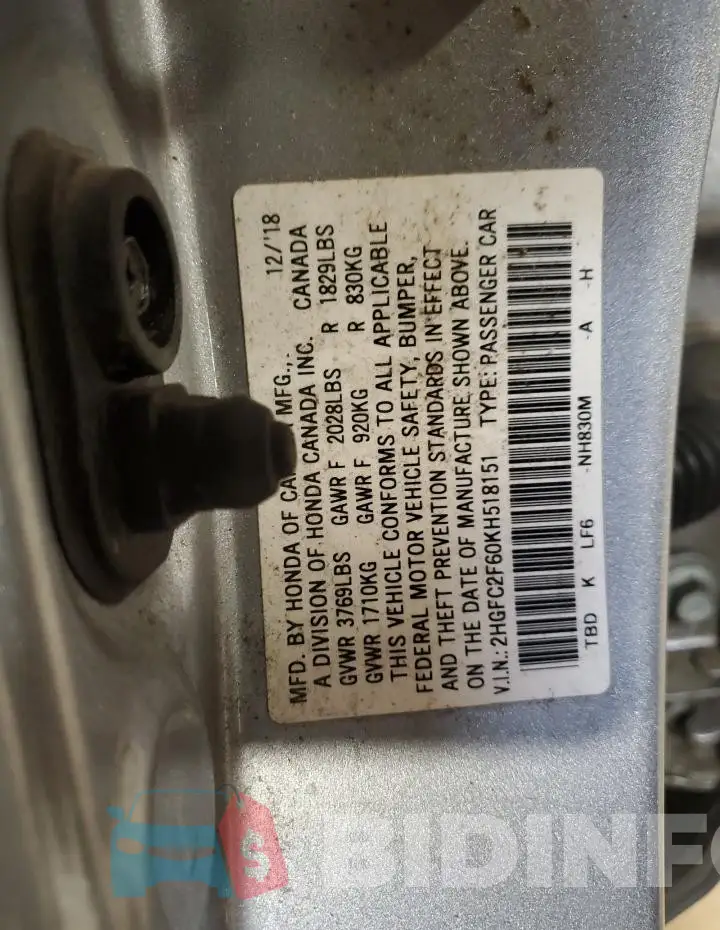 2HGFC2F60KH518151 Photo# 12