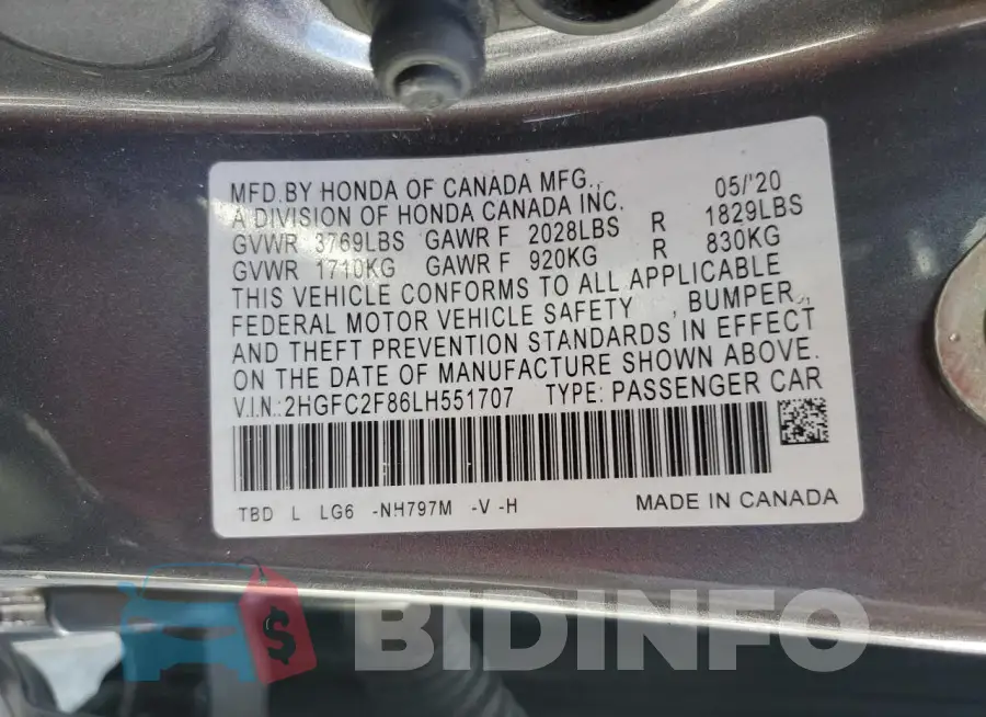2HGFC2F86LH551707 Photo# 12