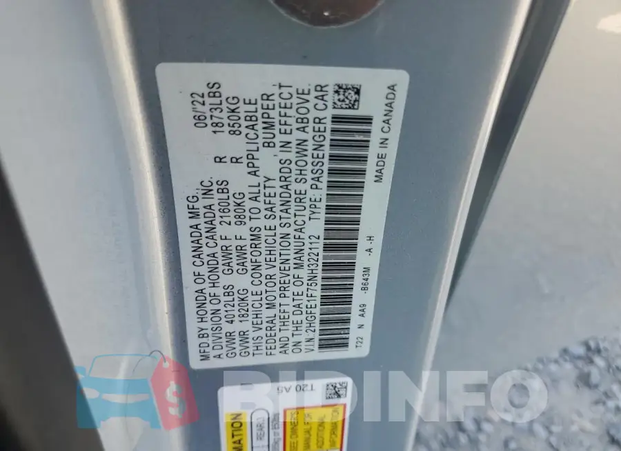 2HGFE1F75NH322112 Photo# 12