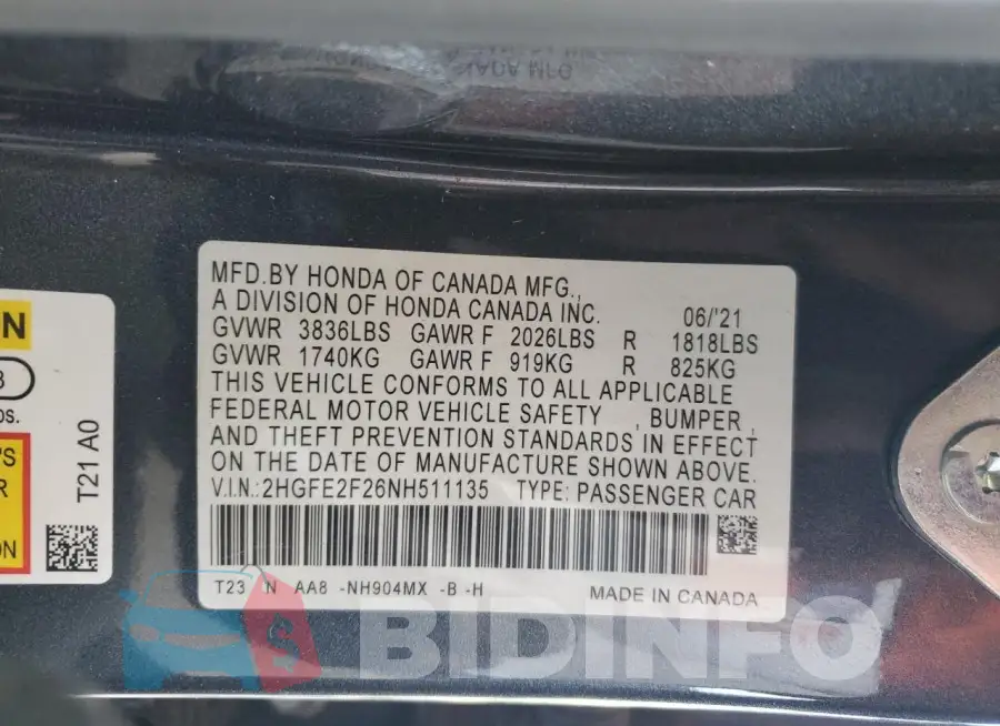 2HGFE2F26NH511135 Photo# 13