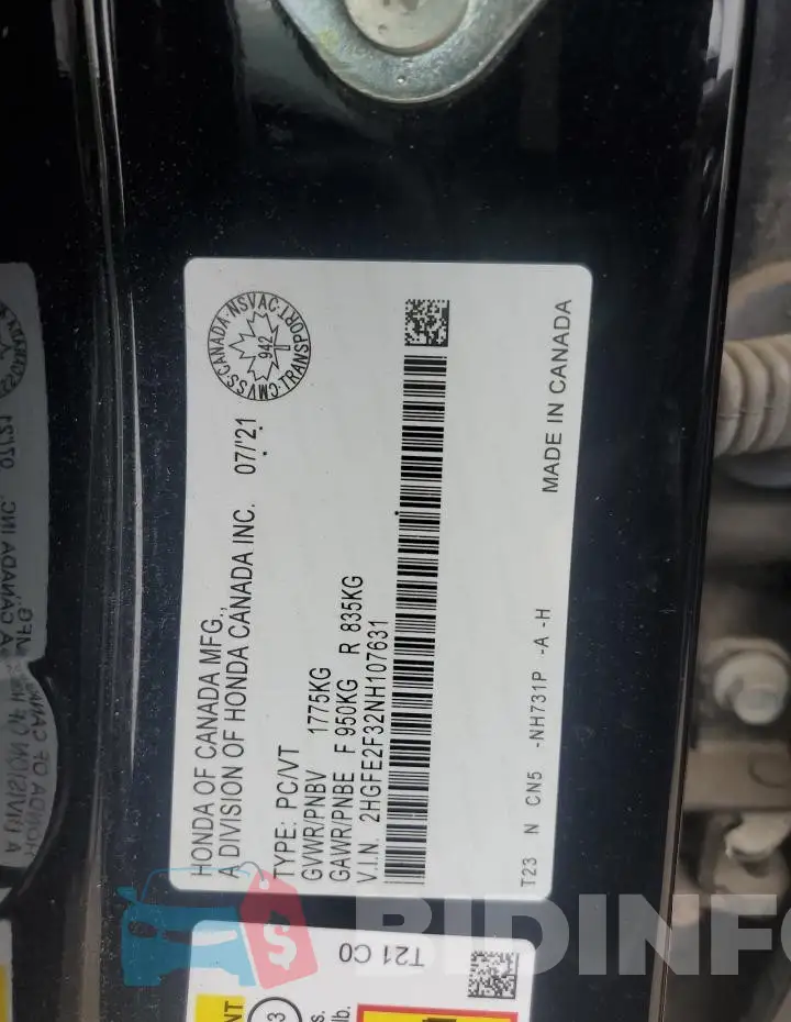 2HGFE2F32NH107631 Photo# 12