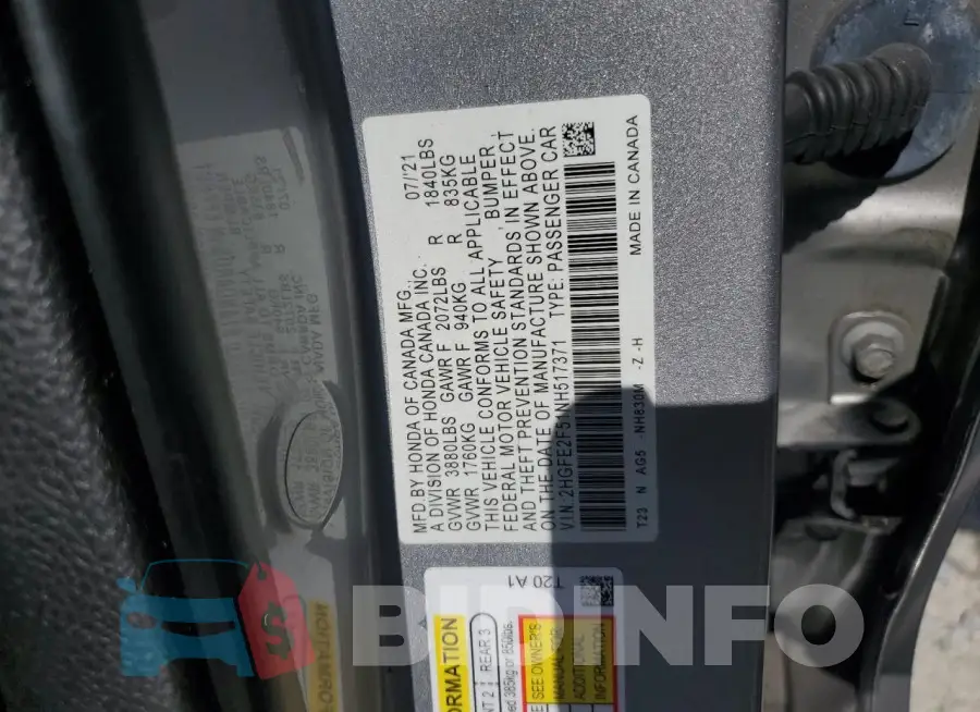 2HGFE2F51NH517371 Photo# 12