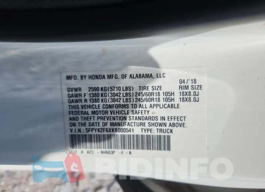 5FPYK2F6XKB000541 Photo# 13