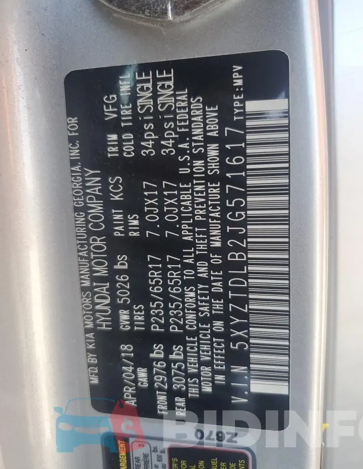 5XYZTDLB2JG571617 Photo# 13