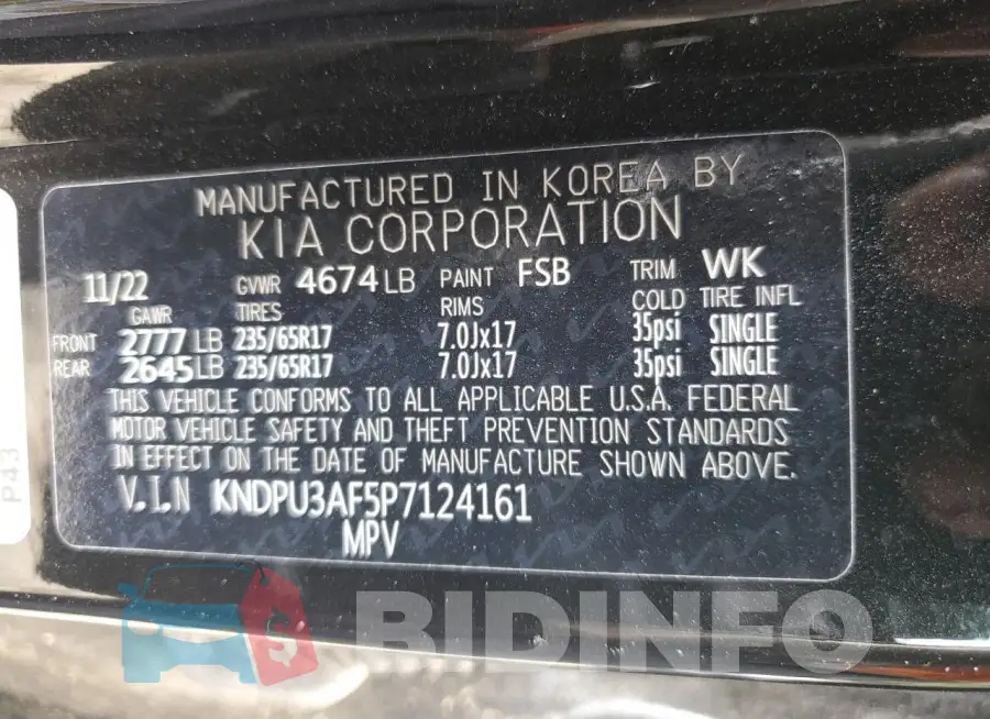 KNDPU3AF5P7124161 Photo# 13