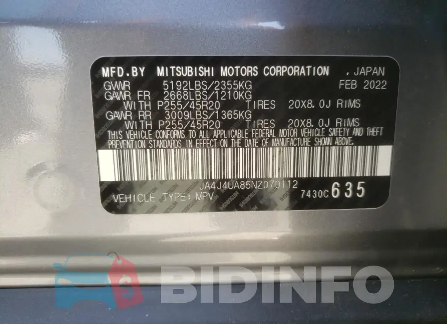 JA4J4UA85NZ070112 Photo# 13