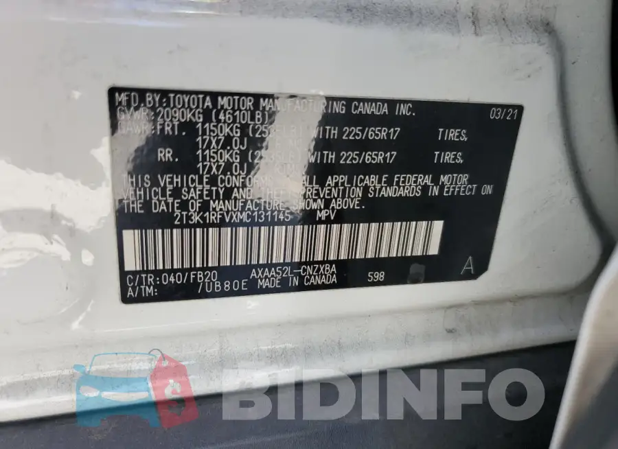 2T3K1RFVXMC131145 Photo# 12