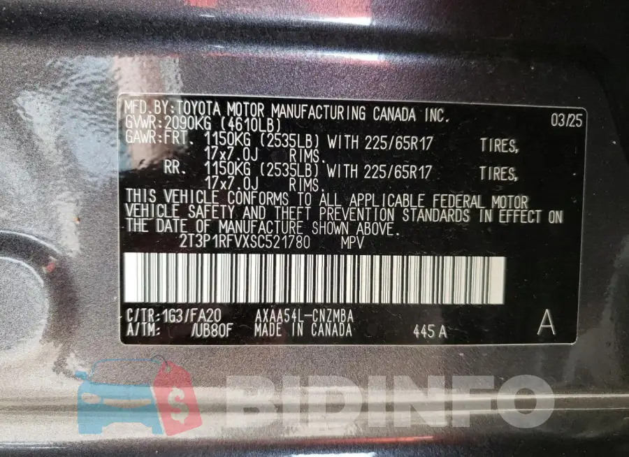 2T3P1RFVXSC521780 Photo# 13