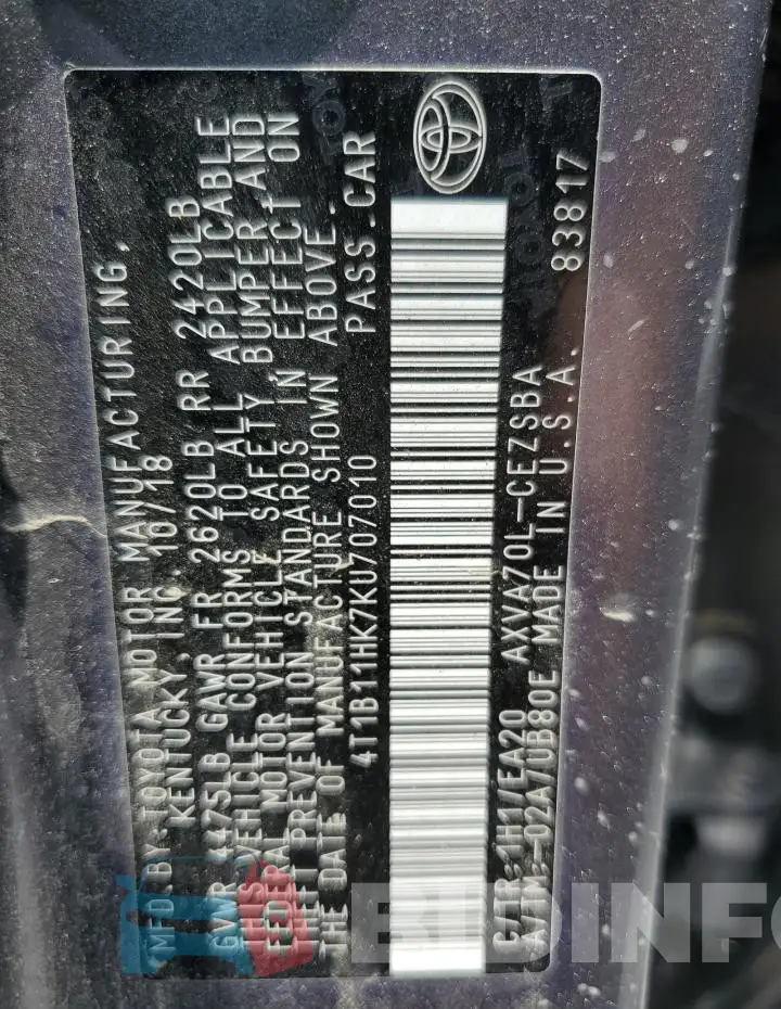 4T1B11HK7KU707010 Photo# 12
