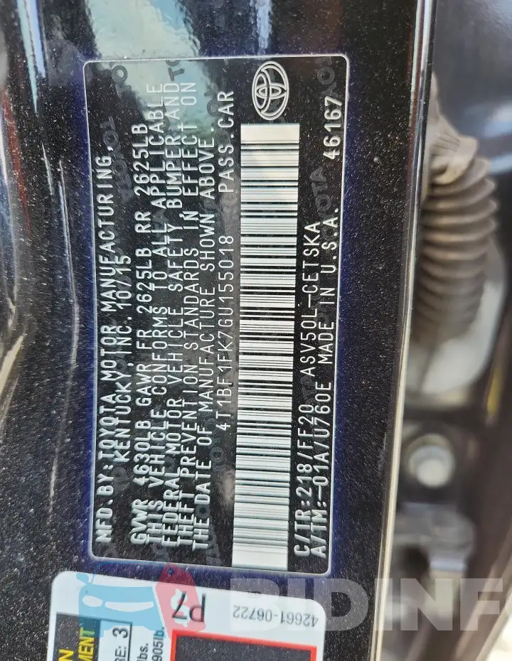 4T1BF1FK7GU155018 Photo# 12