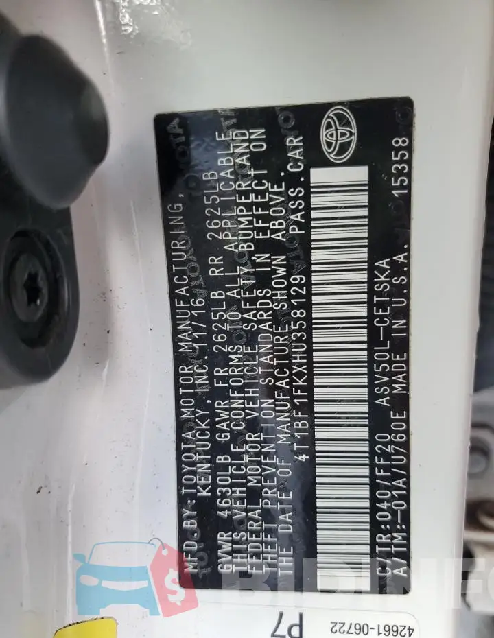 4T1BF1FKXHU358129 Photo# 12