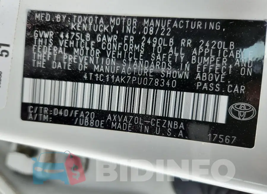 4T1C11AK7PU078340 Photo# 12