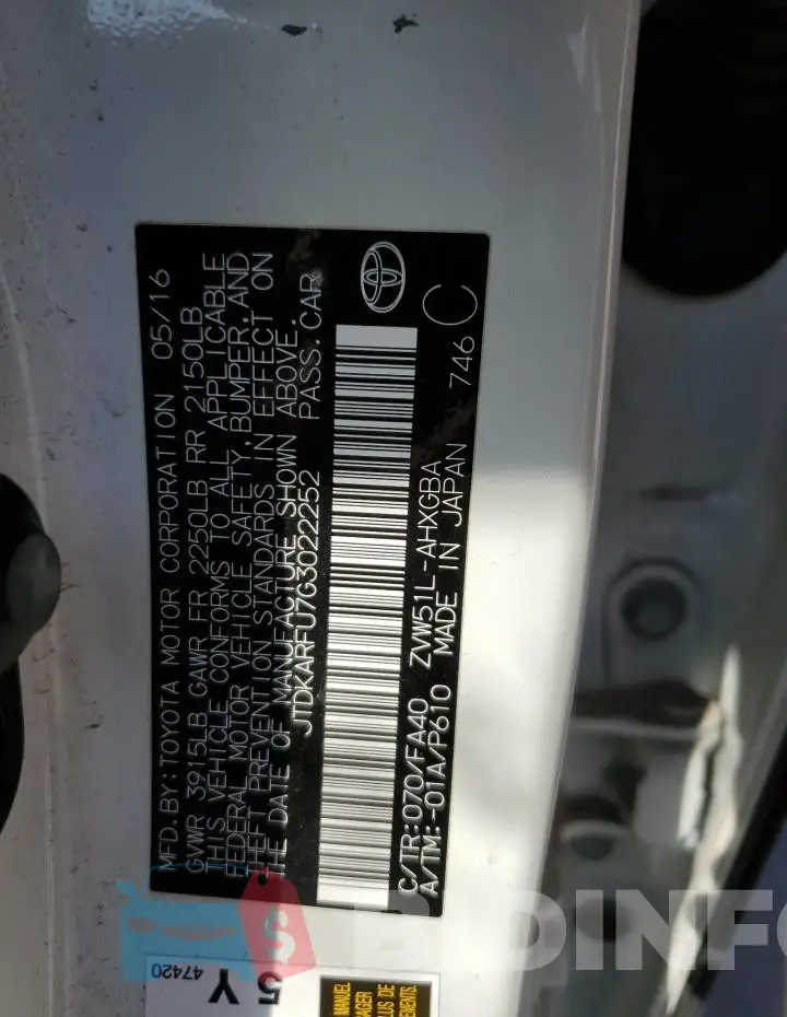 JTDKARFU7G3022252 Photo# 12