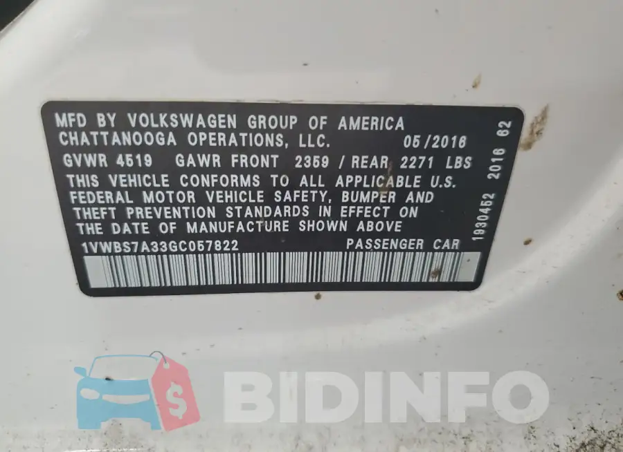 1VWBS7A33GC057822 Photo# 13