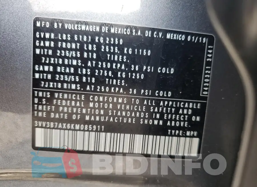 3VV3B7AX6KM085911 Photo# 13