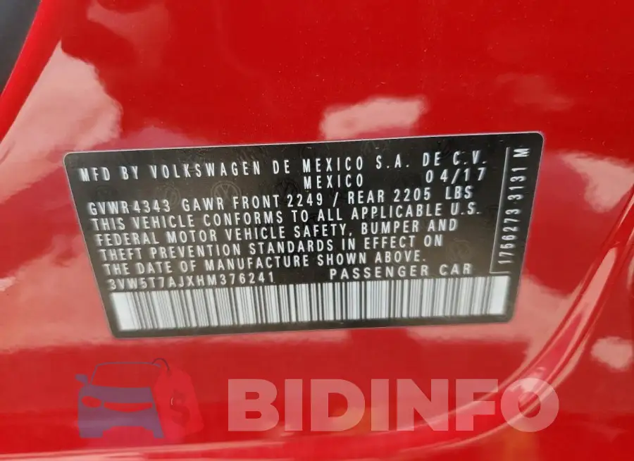 3VW5T7AJXHM376241 Photo# 12